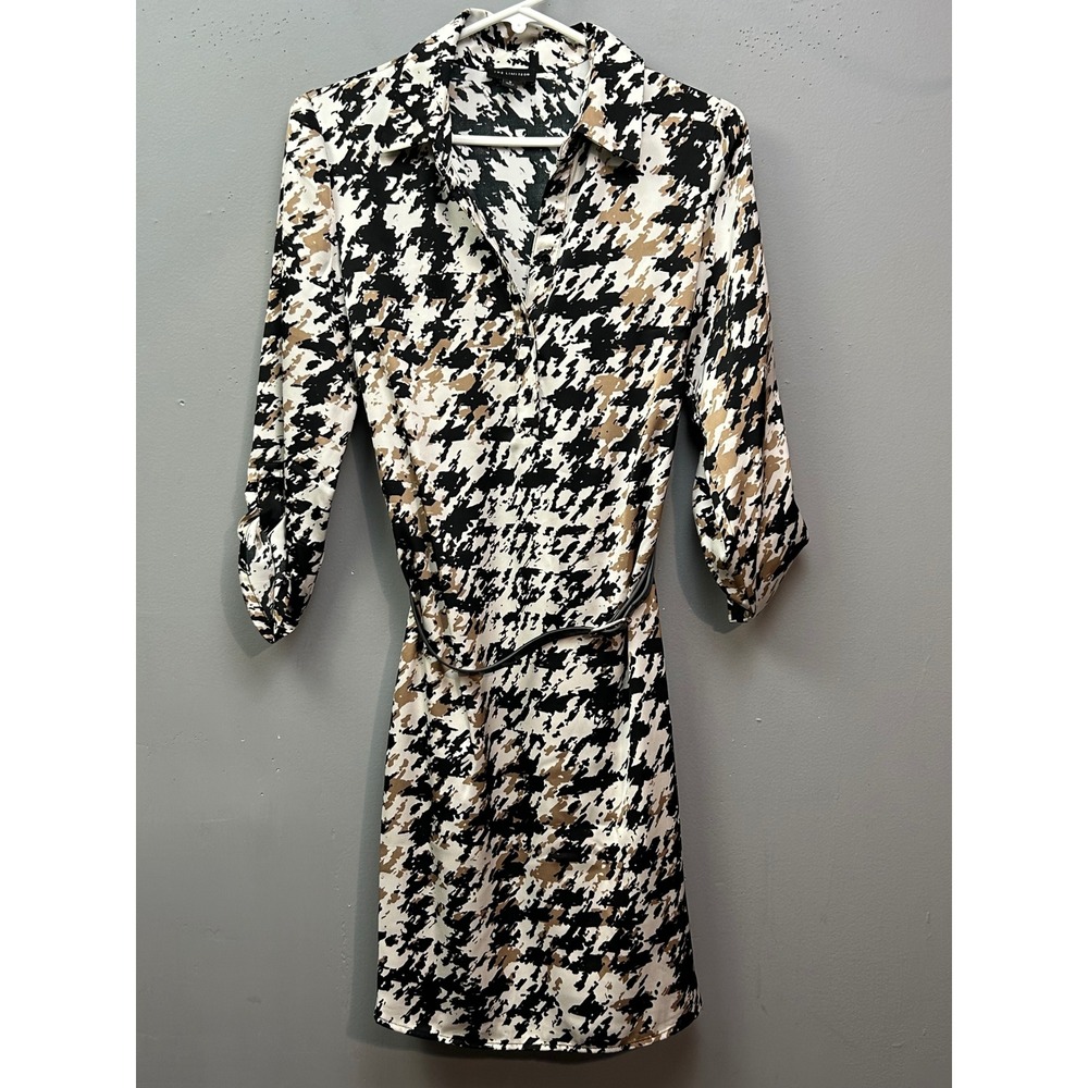 The Limited Shirt Dress Women Small Black White Tan‎ Abstract Belted Roll-Tab